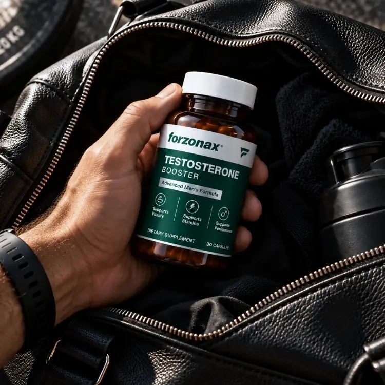 Hand holding a bottle of Forzonax Testosterone Booster above a gym bag