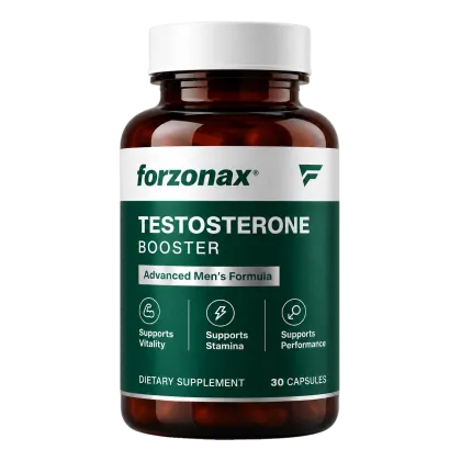 Forzonax Testosterone Booster, green bottle of 30 capsules labelled Advanced Men's Formula
